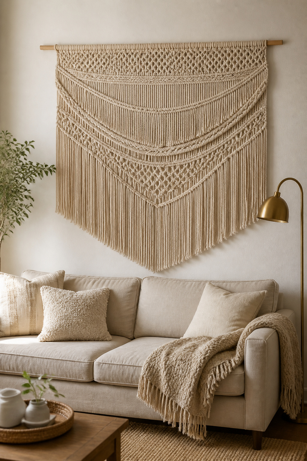 Scale is the decisive factor in a wall hanging — a piece that covers two-thirds of the sofa's width above it stops the eye rather than disappearing into the room.