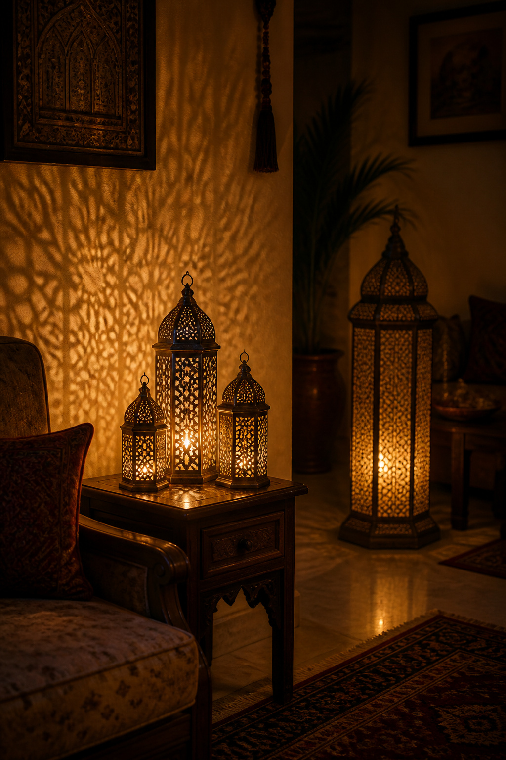A cluster of Moroccan brass lanterns at varying heights does more atmospheric work than any single large pendant — the individual light sources create shadow patterns that turn a plain wall into a canvas.