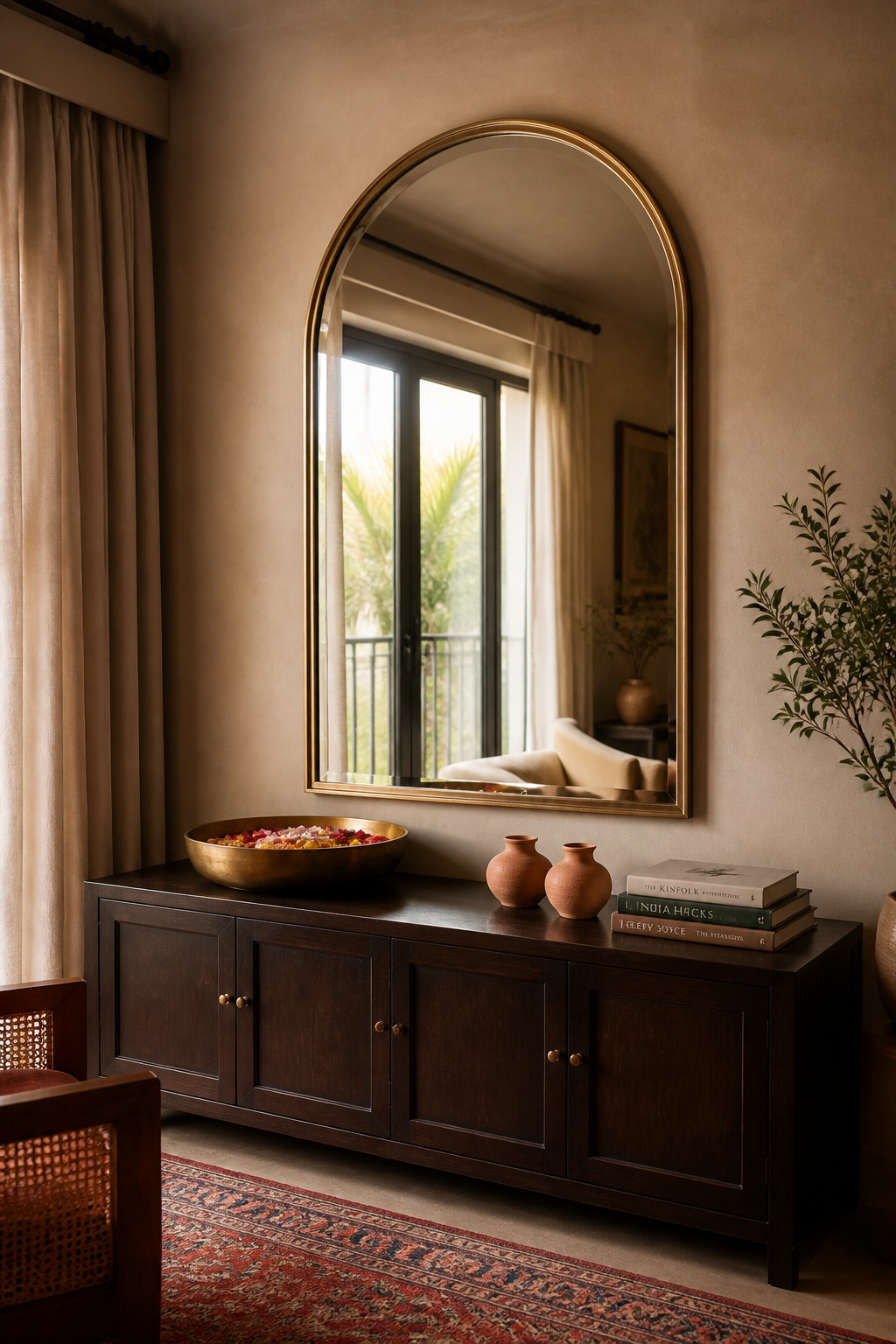 An arched brass-framed mirror placed opposite a window doesn't just look beautiful — it actively doubles the natural light in the room, changing the space's atmosphere throughout the day.