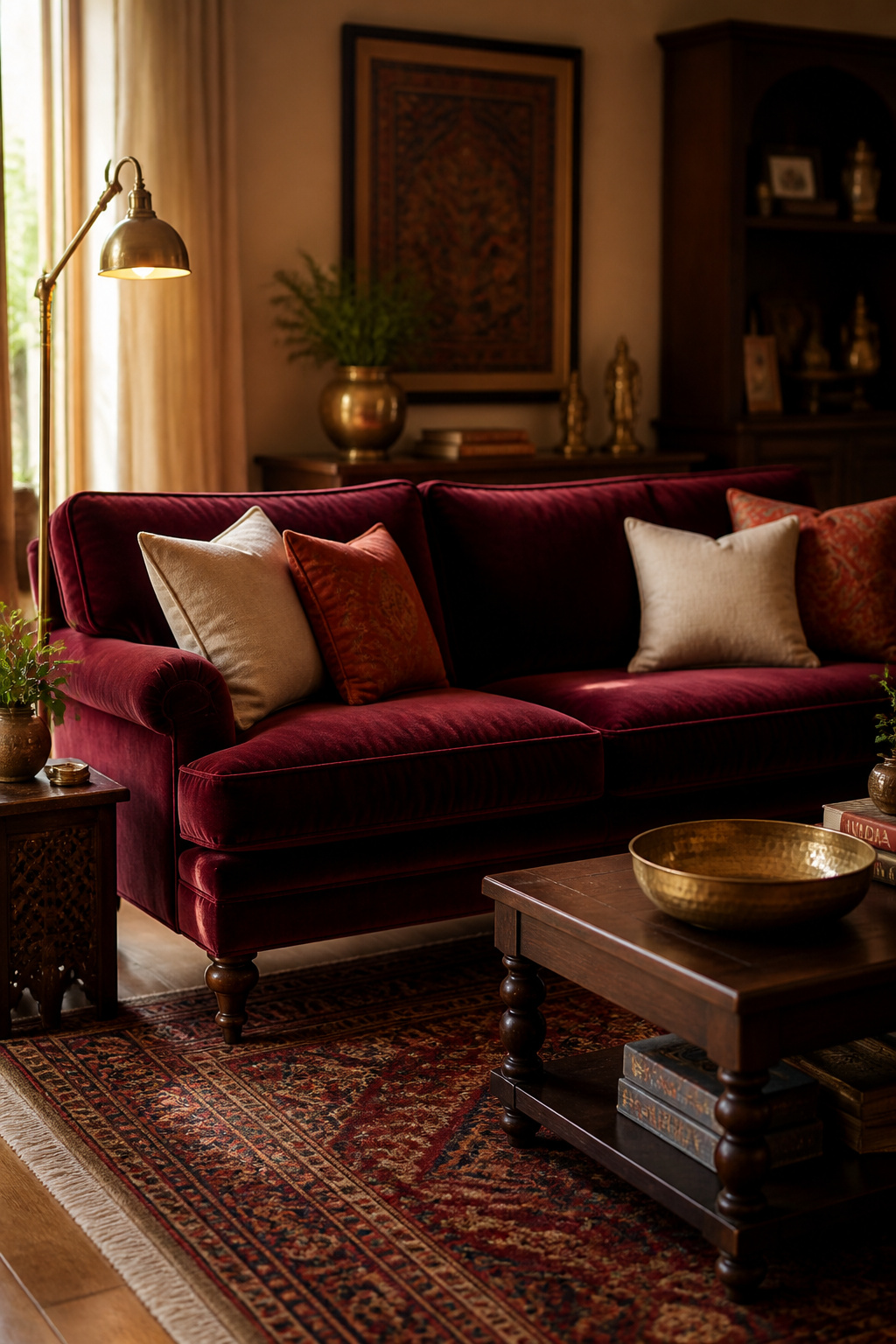 A garnet velvet sofa becomes the room's undisputed anchor when paired with brass accents and natural textures — a formula borrowed from centuries of South Asian interior design.