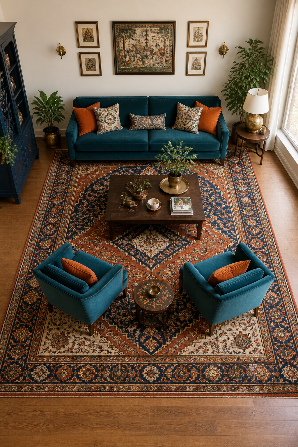 A 9x12 Persian-style rug with all furniture legs on it creates a defined, anchored seating zone — the foundation from which every other living room decision follows.