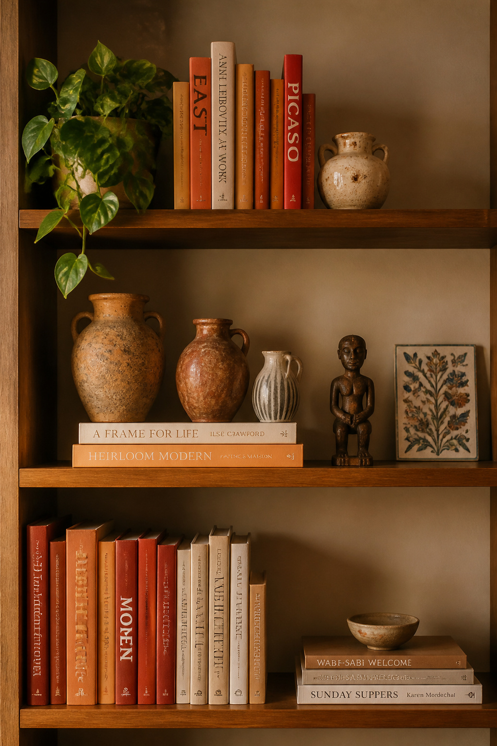 A well-styled maximalist shelf follows the 30% breathing room rule — keeping a third of each shelf empty is precisely what makes the objects that remain visible and meaningful.