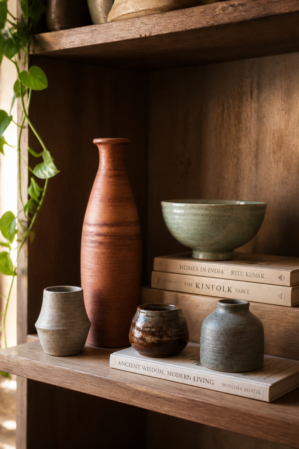 A shelf of hand-thrown ceramics grouped in threes with generous negative space reads as a curated collection rather than accumulated objects — the difference is restraint.