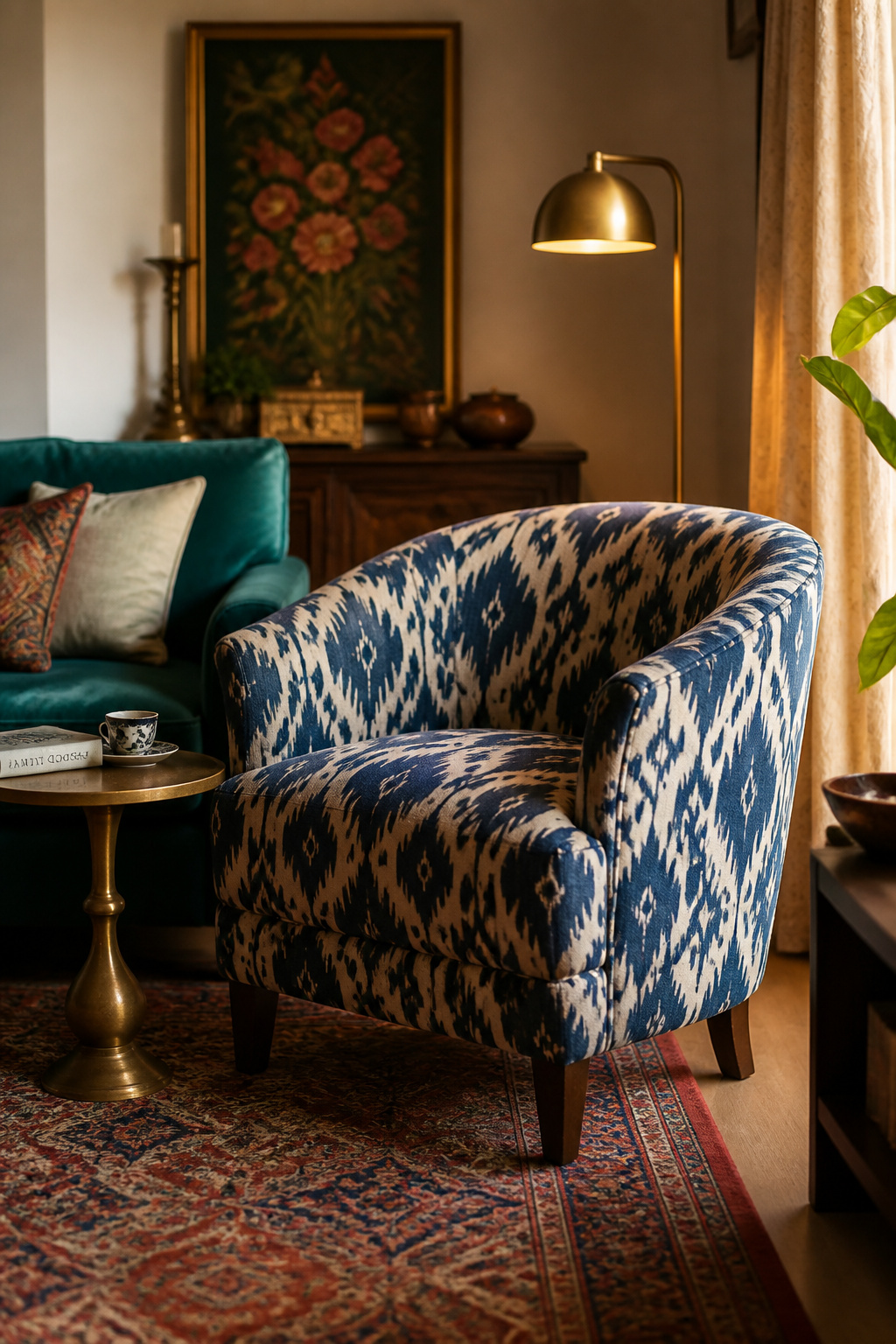 An ikat accent chair at 45 degrees to the sofa creates both a visual statement and a genuinely functional reading corner — which is exactly what a well-placed accent chair should do.