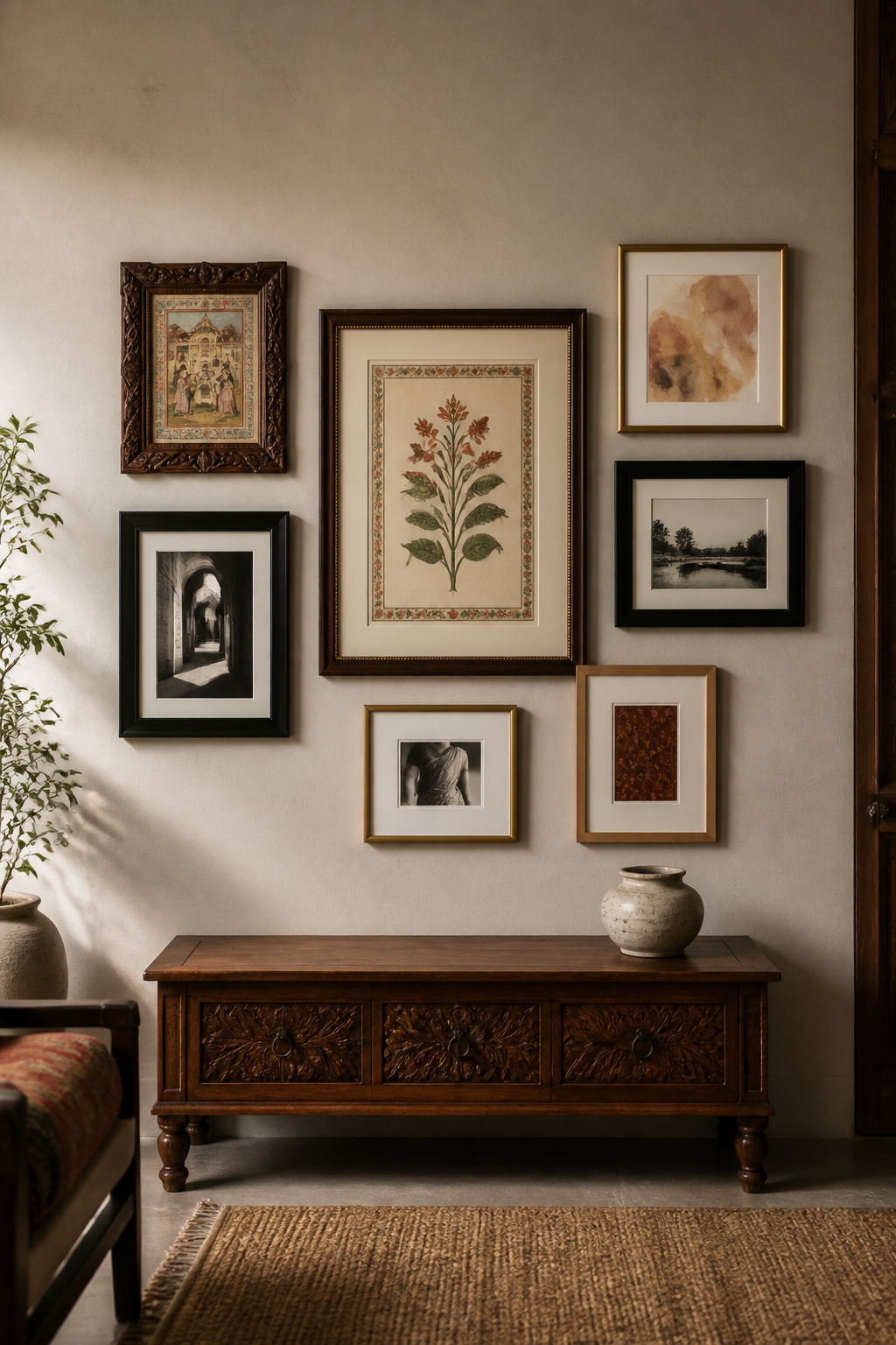 Mixed-frame gallery walls succeed because they look collected rather than purchased — the variety of materials, finishes, and scales is exactly the quality that makes the arrangement memorable.