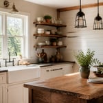 A warm farmhouse kitchen with an apron-front fireclay sink, butcher block island, open oak shelves, and shiplap walls bathed in morning light — the kind of kitchen built to be used.