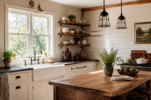 A warm farmhouse kitchen with an apron-front fireclay sink, butcher block island, open oak shelves, and shiplap walls bathed in morning light — the kind of kitchen built to be used.
