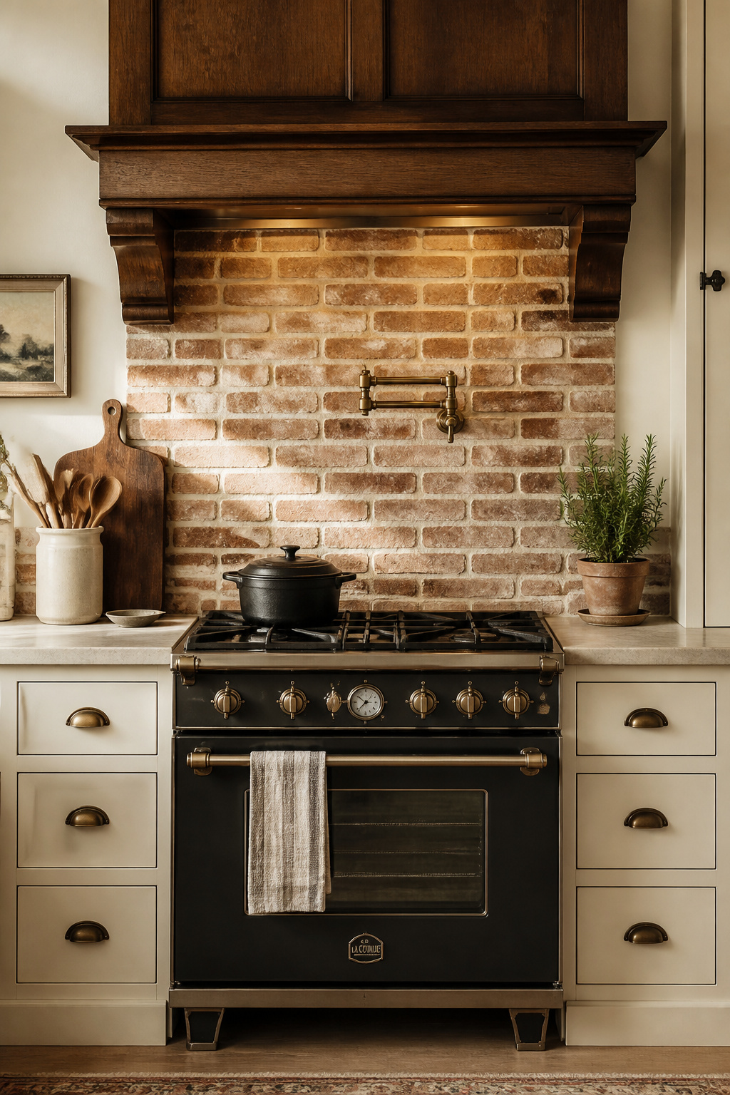 Thin brick veneer backsplash behind a farmhouse gas range with a dark oak range hood — the material with more farmhouse heritage than any tile can claim.