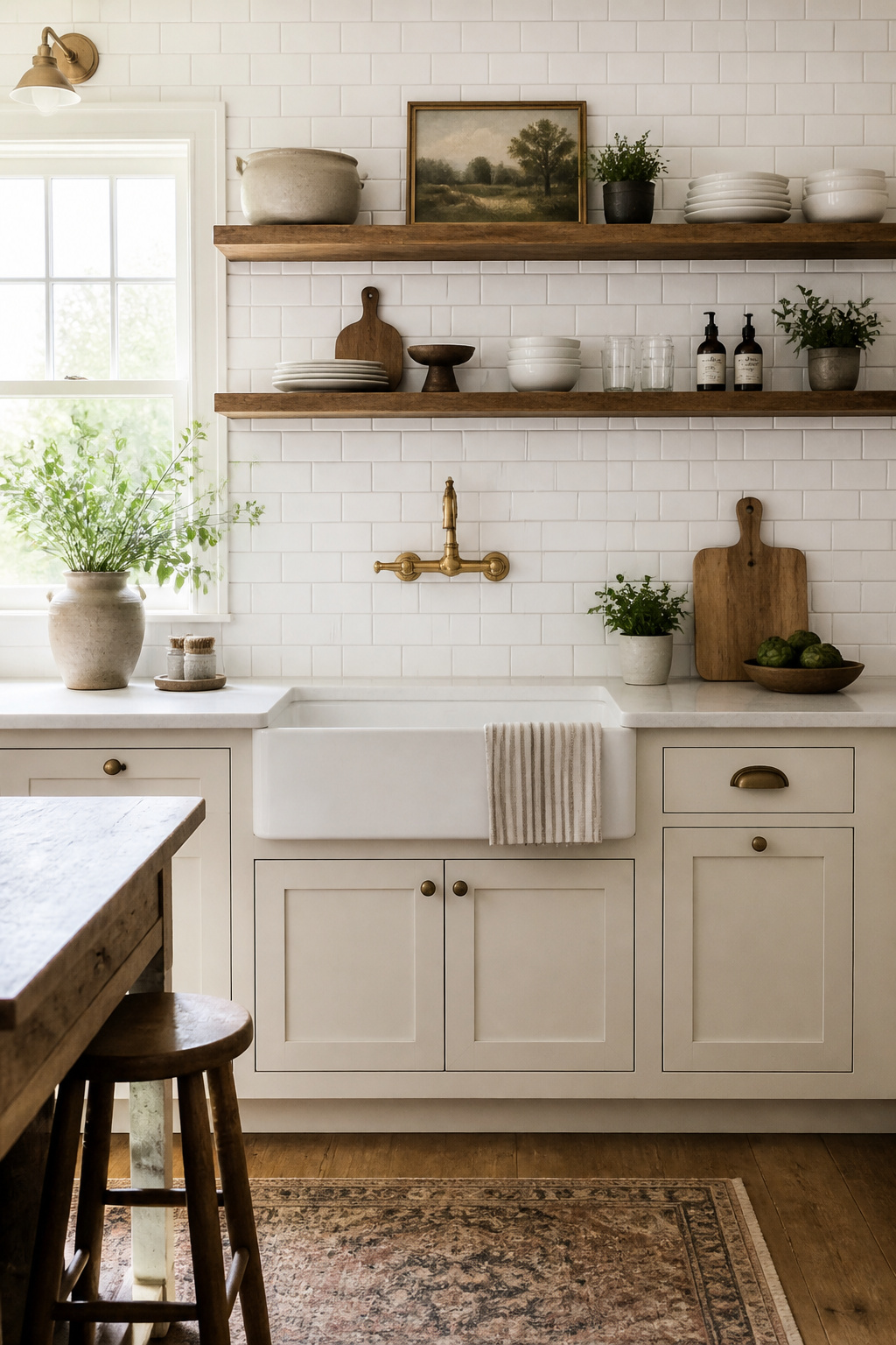 Classic 3x6-inch white subway tile in running bond with light grey grout — a farmhouse kitchen staple for over a century because it is honest, cleanable, and always right.