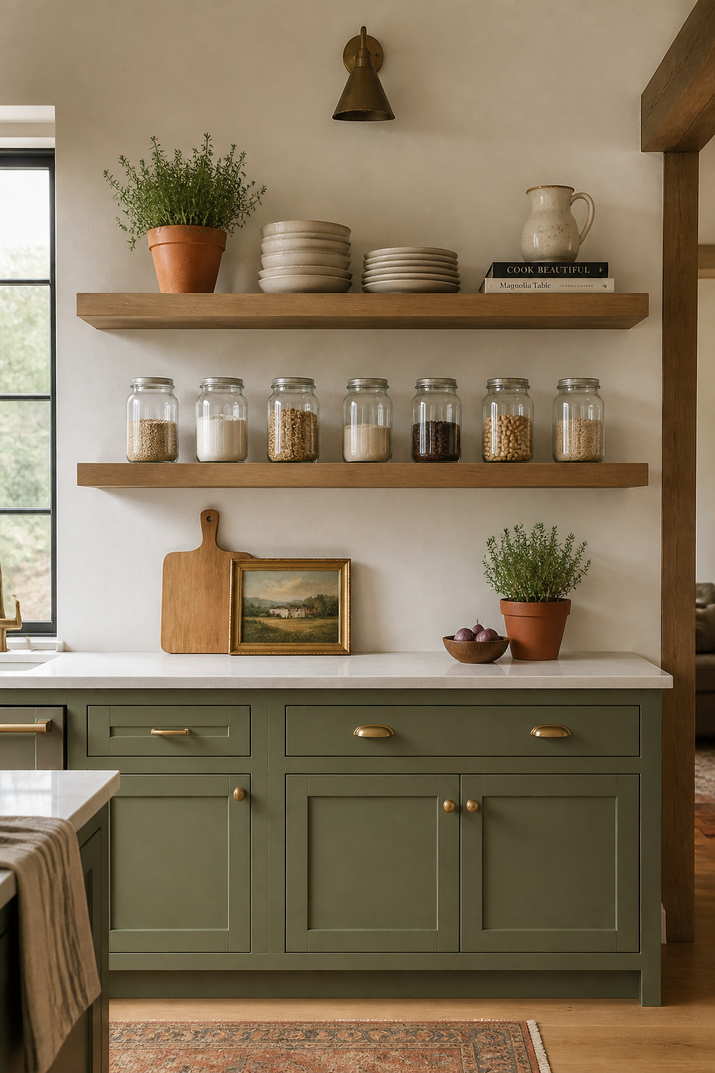 White oak open shelves styled with cream dishware, mason jars, and a small terracotta herb pot — the one-third breathing space rule makes the difference between curated and cluttered.