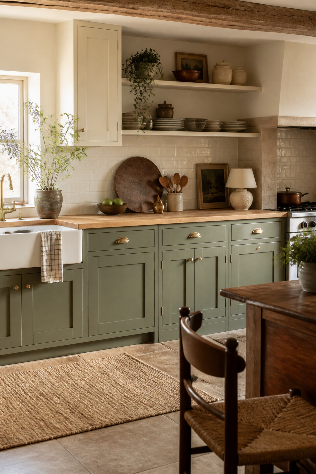 Sage green Shaker cabinets with unlacquered brass pulls and a white oak butcher block countertop — the paint colour that immediately anchors a kitchen in the farmhouse palette.