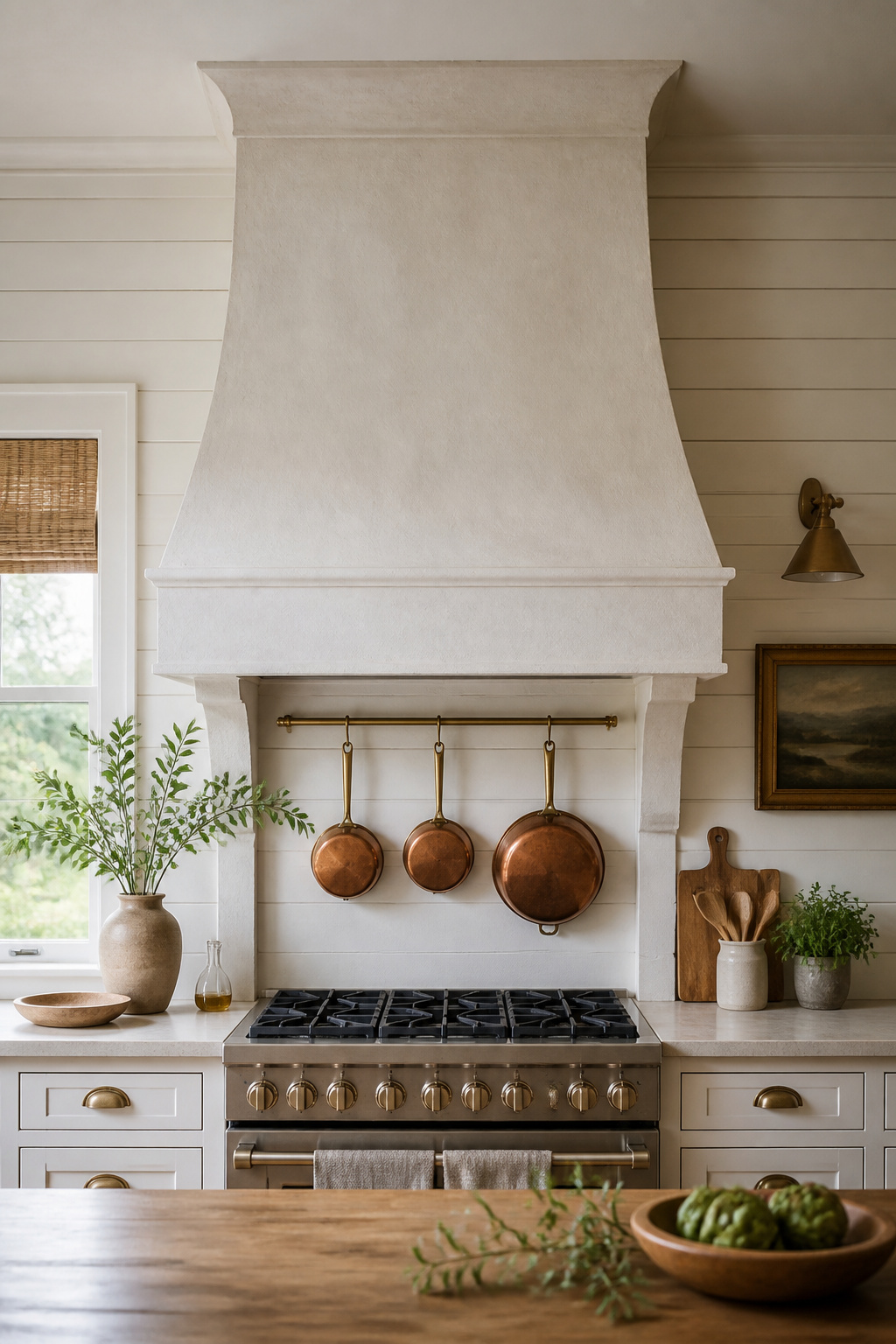 A tall limewash-finished plaster range hood flanking a gas range — the architectural focal point that makes a farmhouse kitchen feel designed rather than assembled.
