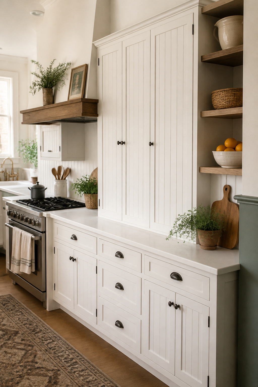 White painted beadboard cabinet doors with oil-rubbed bronze cup pulls — the vertical moulded texture adds cottage-farmhouse character that flat or shaker doors simply can't replicate.