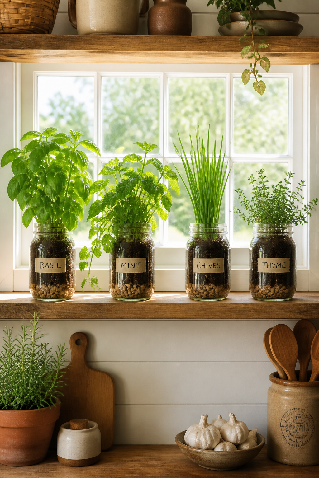 A row of mason jars on an open kitchen shelf growing basil, mint, chives, and thyme — the most productive and honest expression of the farmhouse kitchen philosophy.