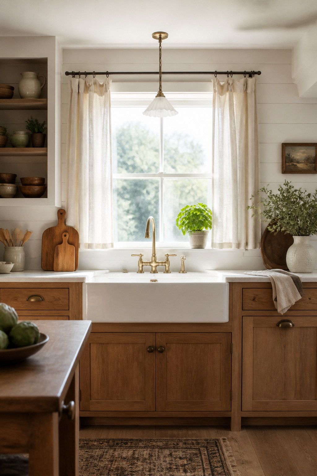 A creamy fireclay apron-front sink below a shiplap wall and linen-curtained window — the fixture that defines a farmhouse kitchen from the moment you walk in.