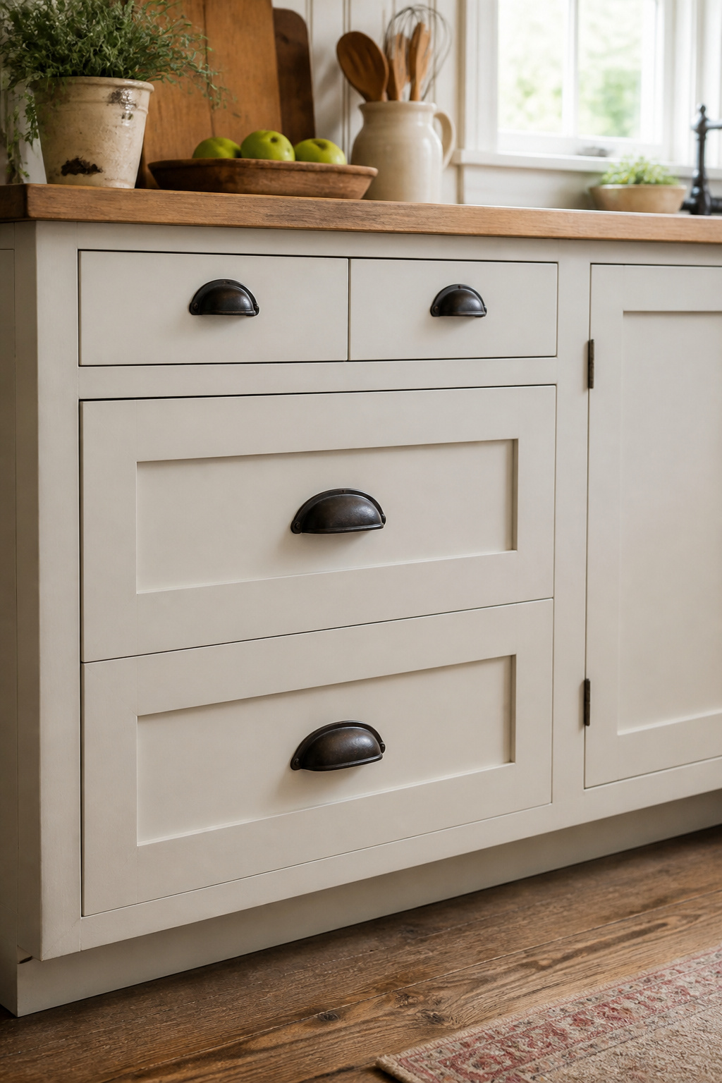 Oil-rubbed bronze bin pulls and cup pulls on cream Shaker cabinetry — the hardware swap that transforms a builder-grade kitchen into something that reads as genuinely farmhouse.