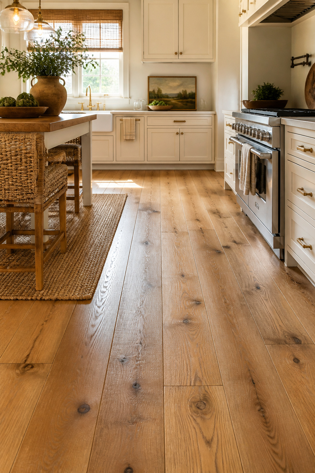 Wire-brushed wide plank white oak flooring in a farmhouse kitchen — the warm golden tone and visible grain are the honest material signals that no narrower strip floor can replicate.