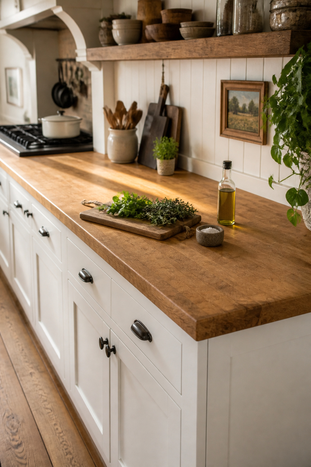 White oak butcher block countertop showing the warm grain and character of well-maintained real wood — the material that makes a farmhouse kitchen feel genuinely lived in.