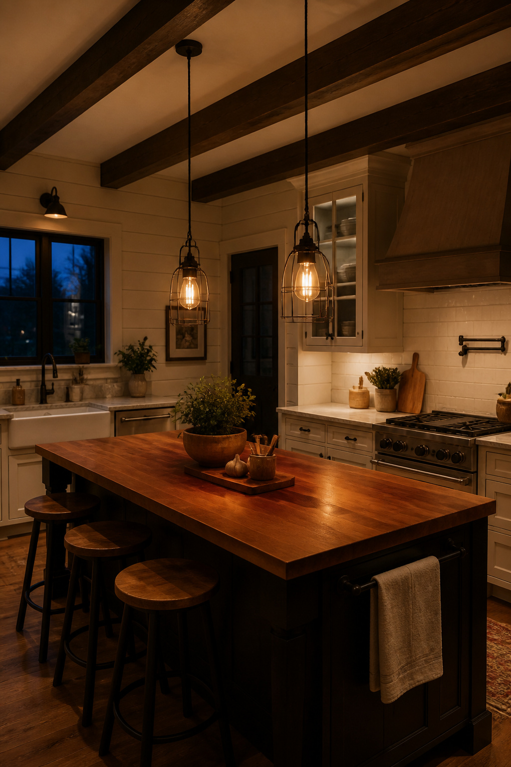 Two Edison cage pendant lights at 32 inches above a butcher block island — the warm amber filaments at dusk that make a kitchen feel like the heart of the home.