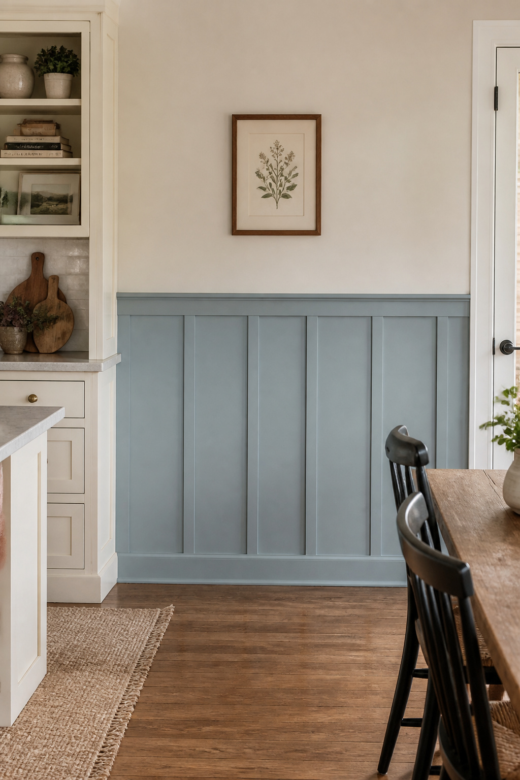 Dusty blue board-and-batten paneling below a cream chair rail — one of the most visually effective two-tone treatments in farmhouse kitchen remodeling, achievable in a weekend.