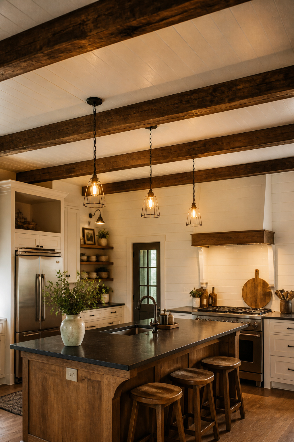 Dark walnut-stained box beams crossing a white farmhouse kitchen ceiling — the architectural element that transforms a flat ceiling into a warm, structural statement.