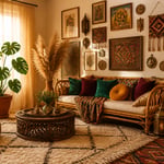 The complete boho living room decoration vision: layered Moroccan rugs, rattan seating, global textiles, brass lanterns, and living plants creating a space that feels effortlessly collected.
