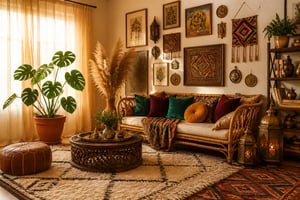 The complete boho living room decoration vision: layered Moroccan rugs, rattan seating, global textiles, brass lanterns, and living plants creating a space that feels effortlessly collected.