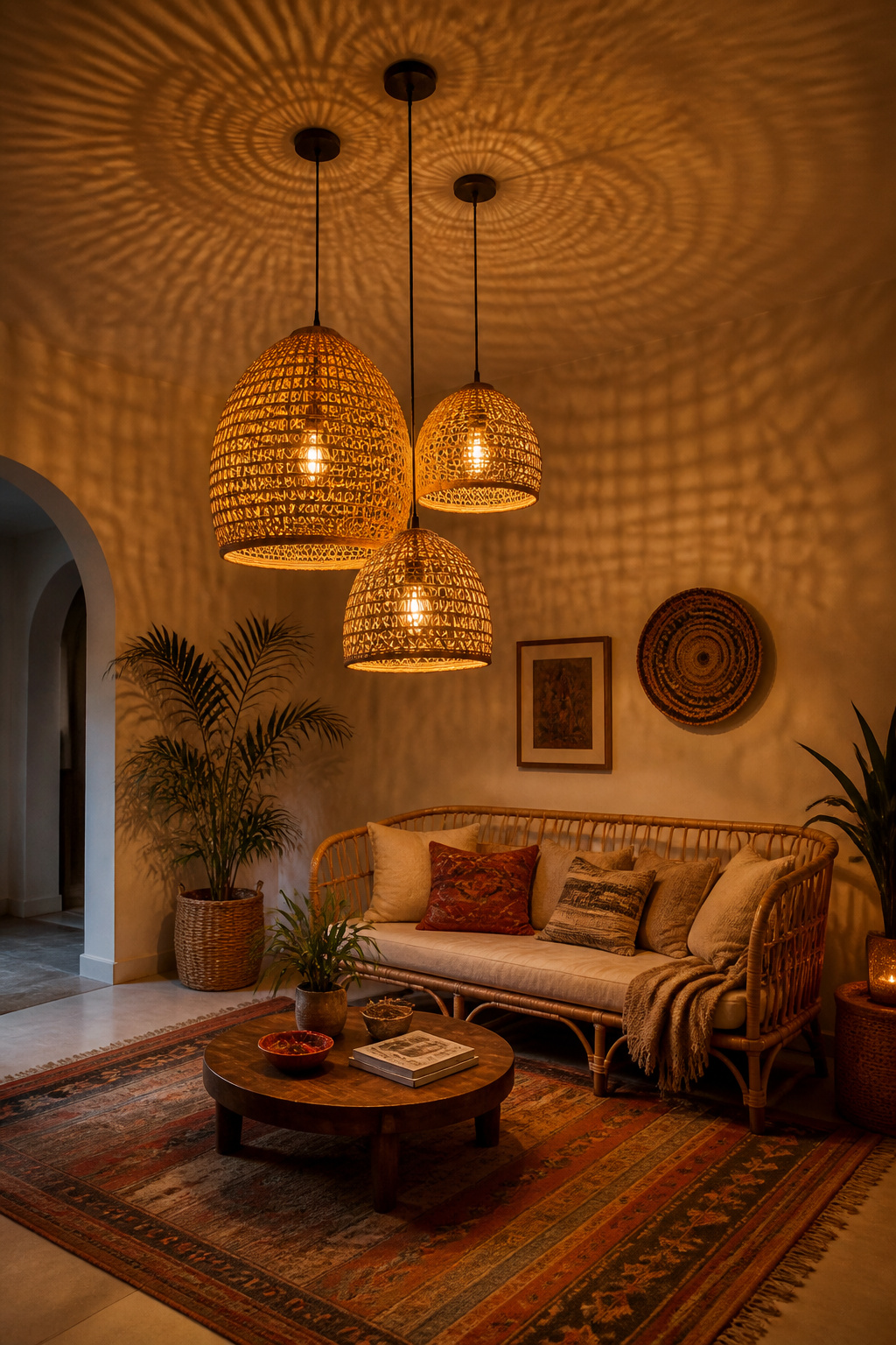 Three rattan pendant lights at staggered heights cast warm 2700K light filtered through their woven structure, creating the mesh-pattern shadow play that transforms a boho living room at dusk.