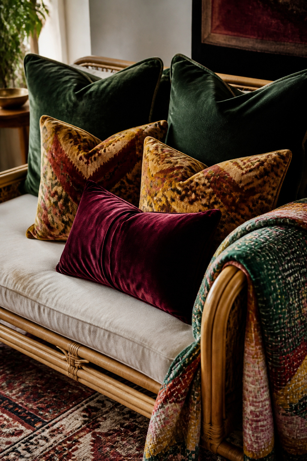 Emerald, amber, and burgundy velvet cushions layered on a rattan sofa demonstrate the jewel-tone depth that makes boho decoration so visually satisfying.