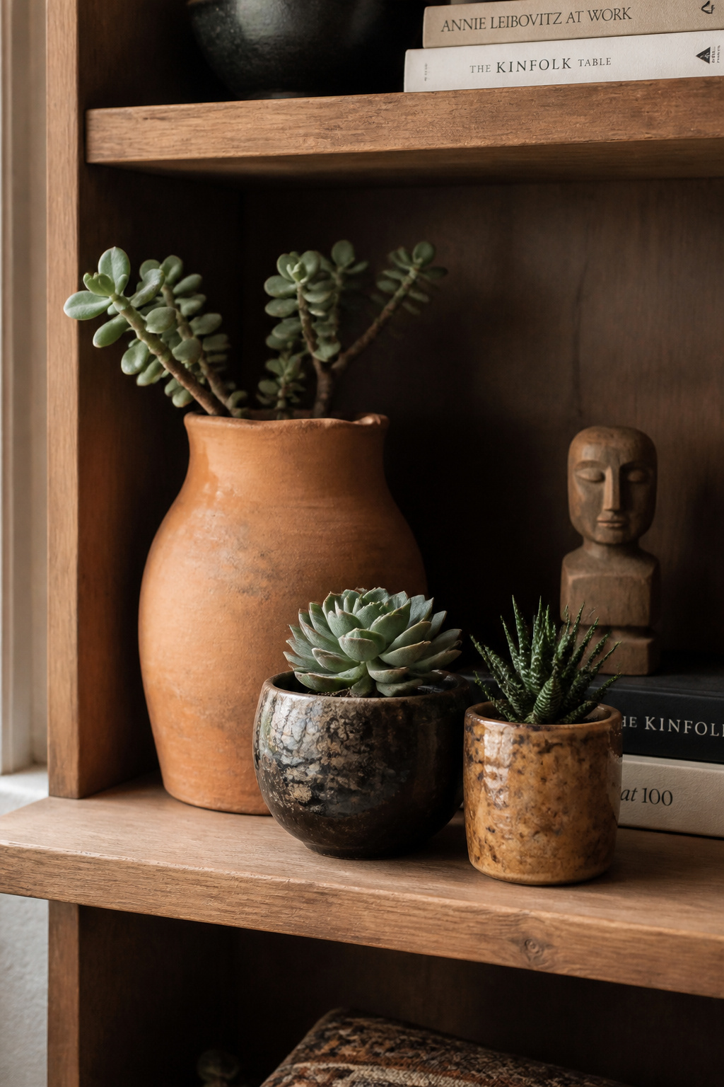 A carefully grouped trio of terracotta and artisan ceramic vessels demonstrates how varied heights, surface treatments, and scales turn simple pottery into compelling boho living space decor.