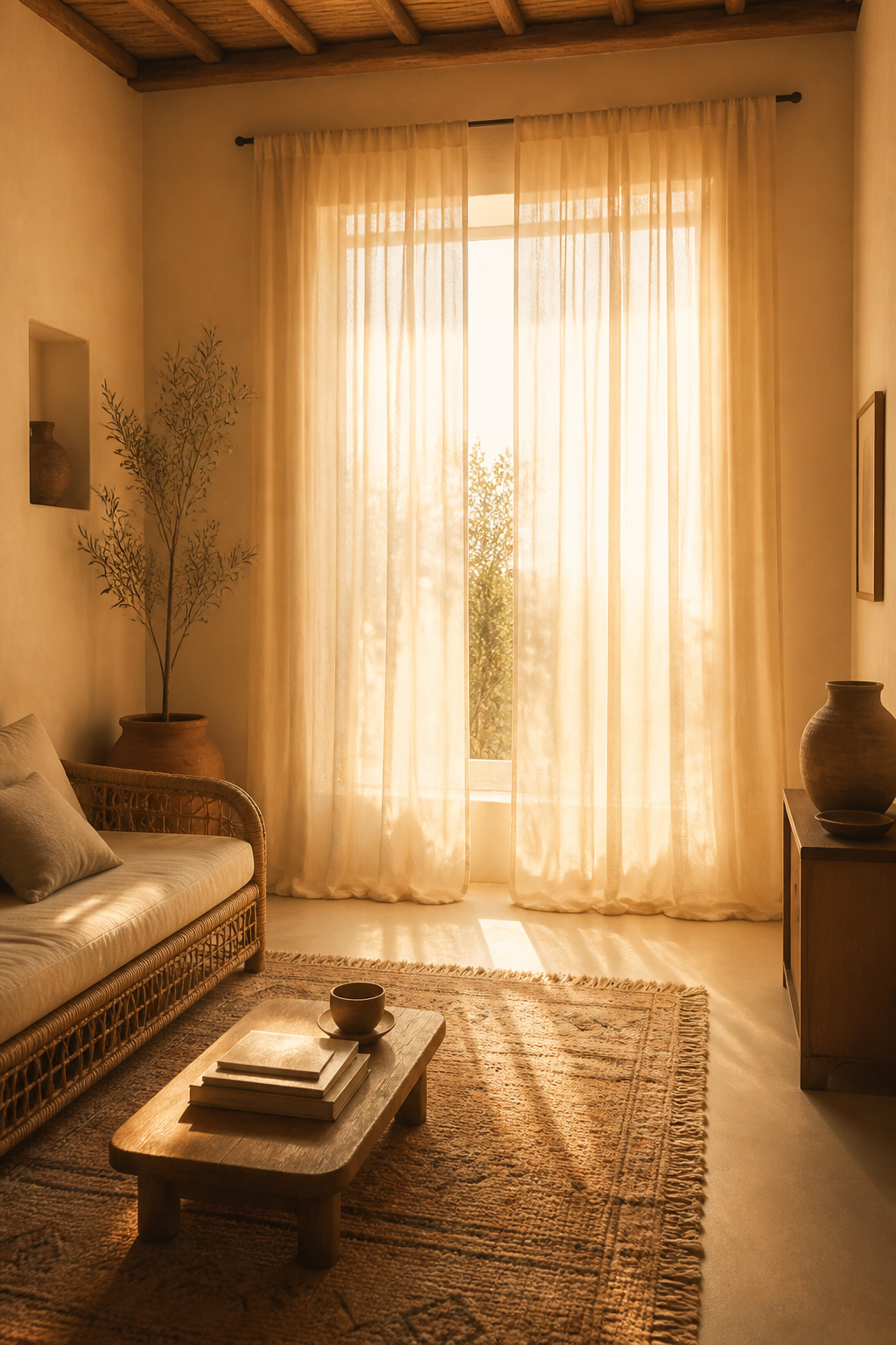 Floor-to-ceiling sheer linen curtains hung 4 inches above the window frame filter afternoon sunlight into the warm diffuse luminosity that defines beautifully photographed boho interiors.