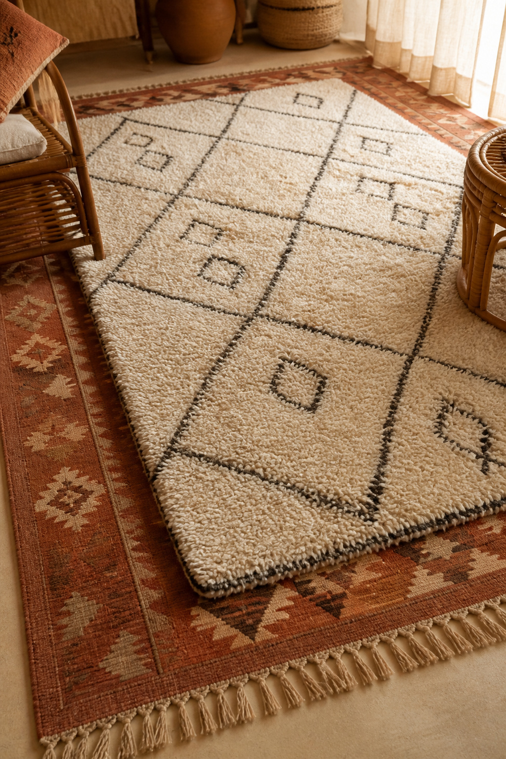 Two layered Moroccan rugs — a plush Beni Ourain over a flat-woven kilim — form the earthy foundation of this boho living room arrangement.