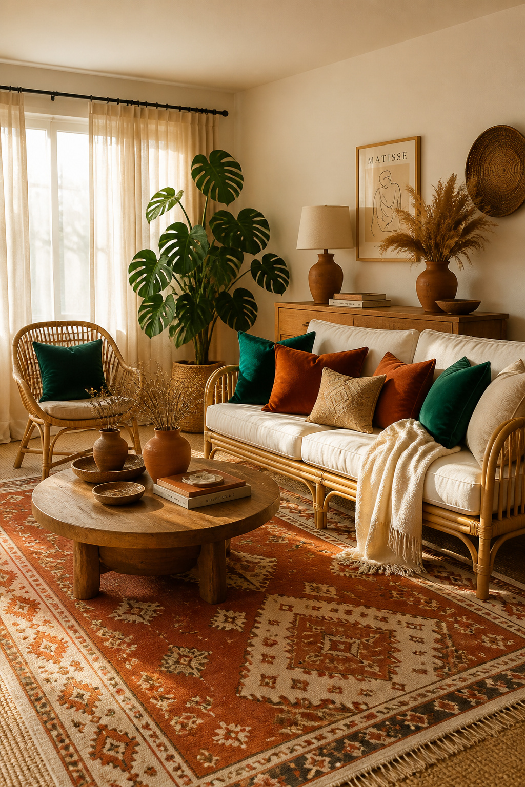 The complete boho living room palette — warm white walls, terracotta rug, linen seating, and emerald velvet accents — demonstrates the 60/30/10 colour structure that grounds bohemian living room decor.
