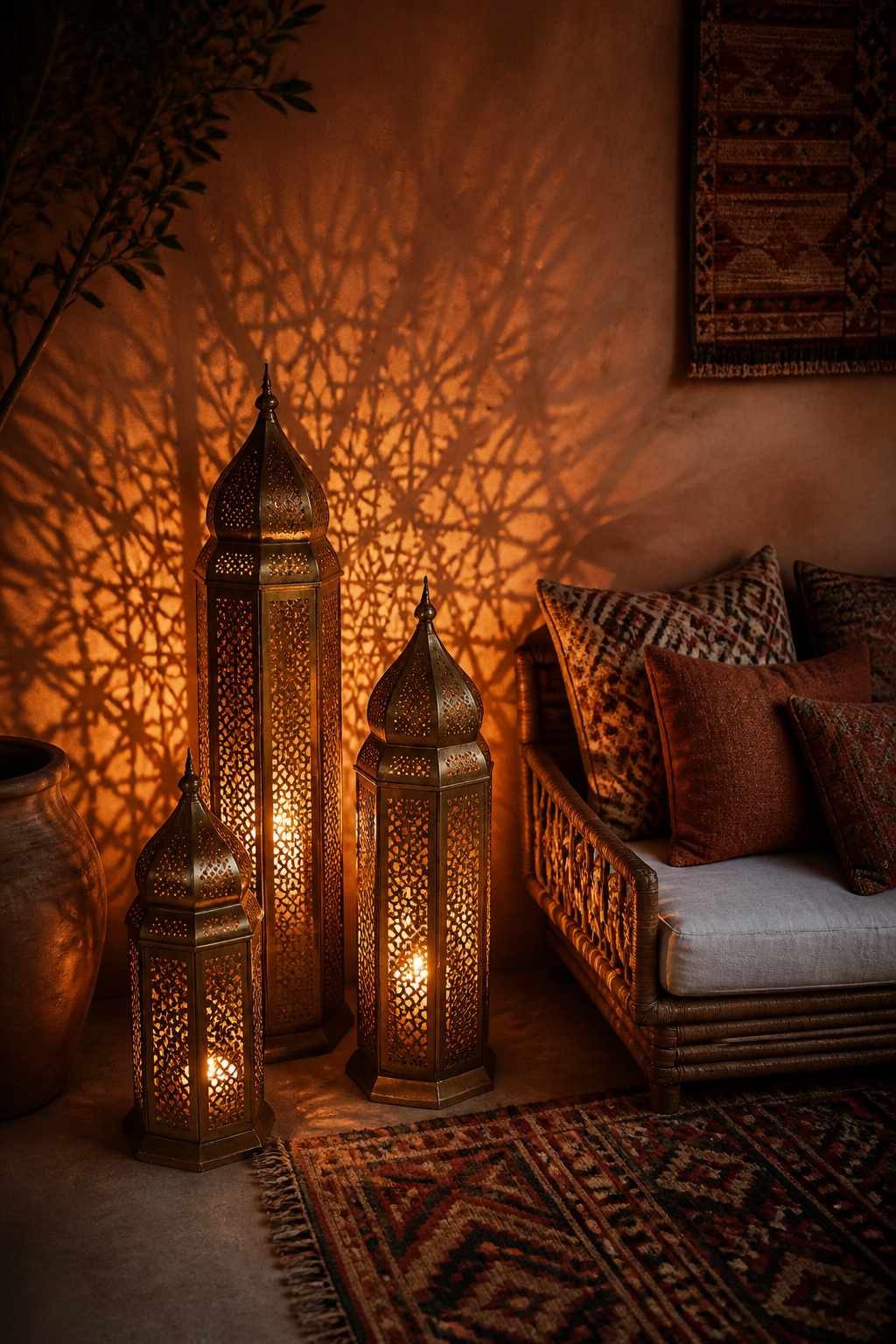 Three Moroccan brass lanterns of varying heights cast intricate geometric shadow patterns across the wall, anchoring the boho room decor with warm, artisan atmosphere.