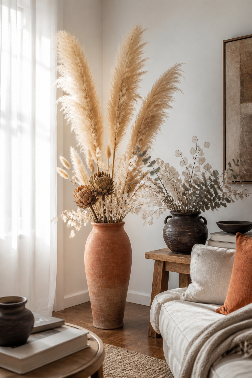 Pampas grass plumes, dried protea, and lunaria in terracotta floor vessels create the organic movement and natural palette characteristic of boho living room decoration.
