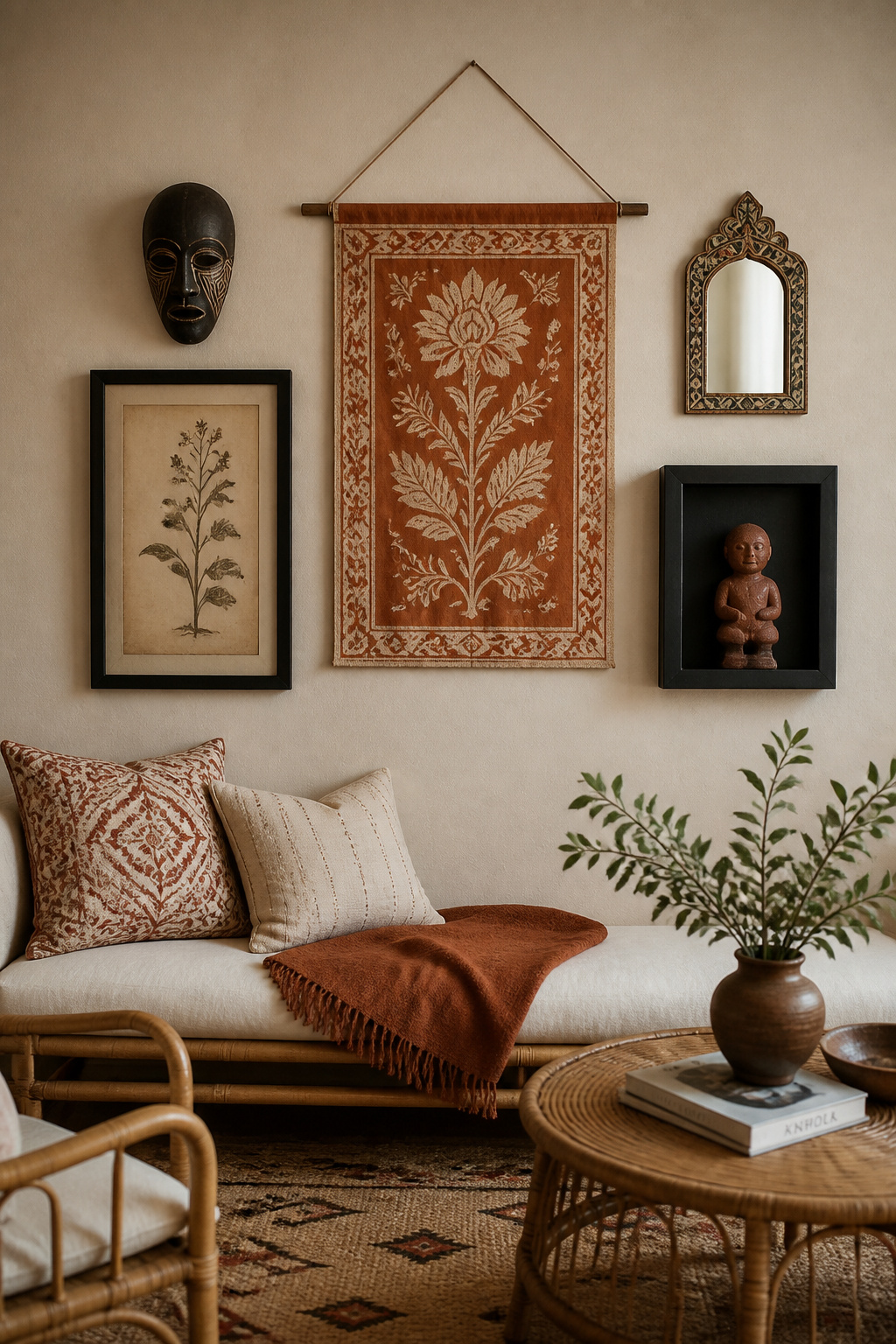 A global gallery wall mixes African, Indian, and European art pieces in a coherent terracotta and ivory palette, creating sophisticated bohemian living room decor.
