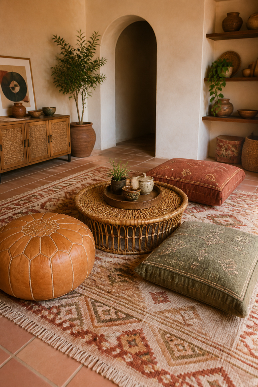 A trio of leather poufs, kilim-covered poufs, and large cotton floor cushions creates flexible boho seating that adapts to any gathering.