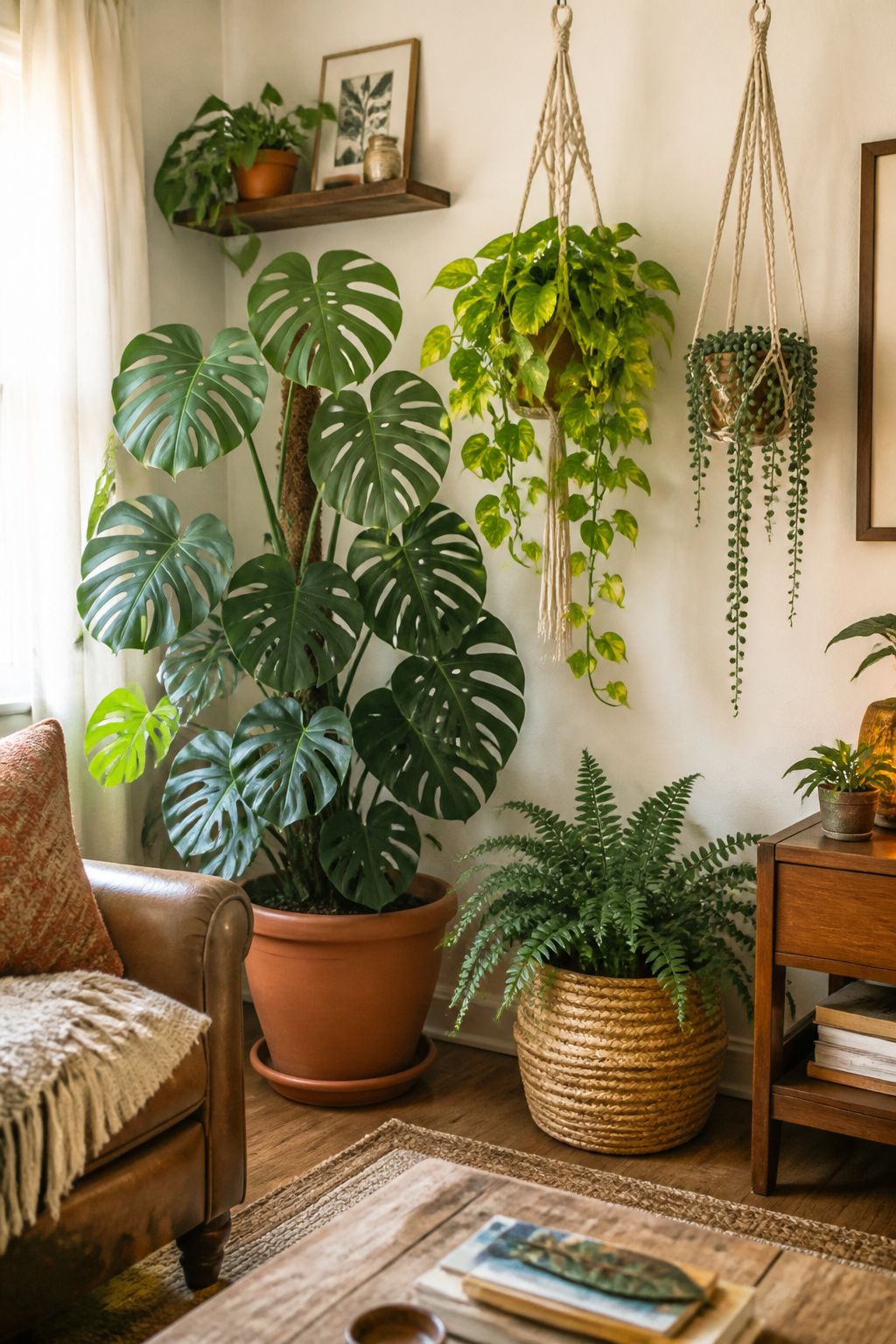 A tiered plant display anchors the boho living room decoration with a Monstera deliciosa on the floor, trailing pothos at mid-height, and string of pearls at ceiling level.