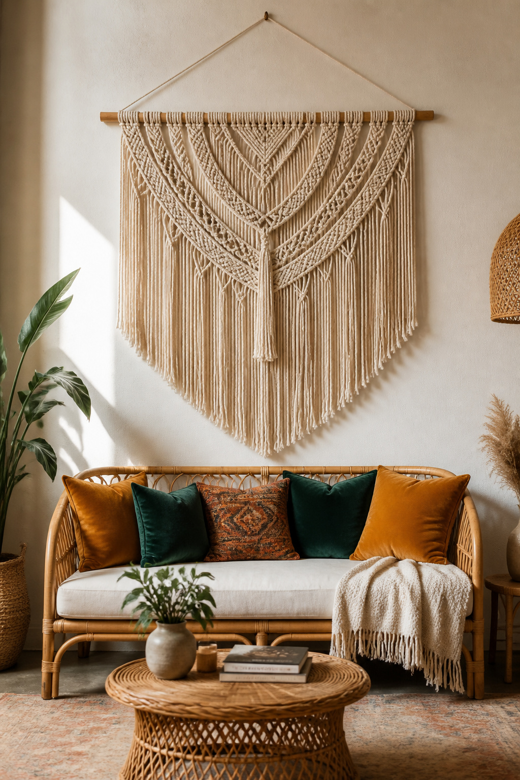 A large handmade macramé wall hanging in natural undyed cotton sits above a rattan sofa, adding textural depth without competing with the earthy room below.