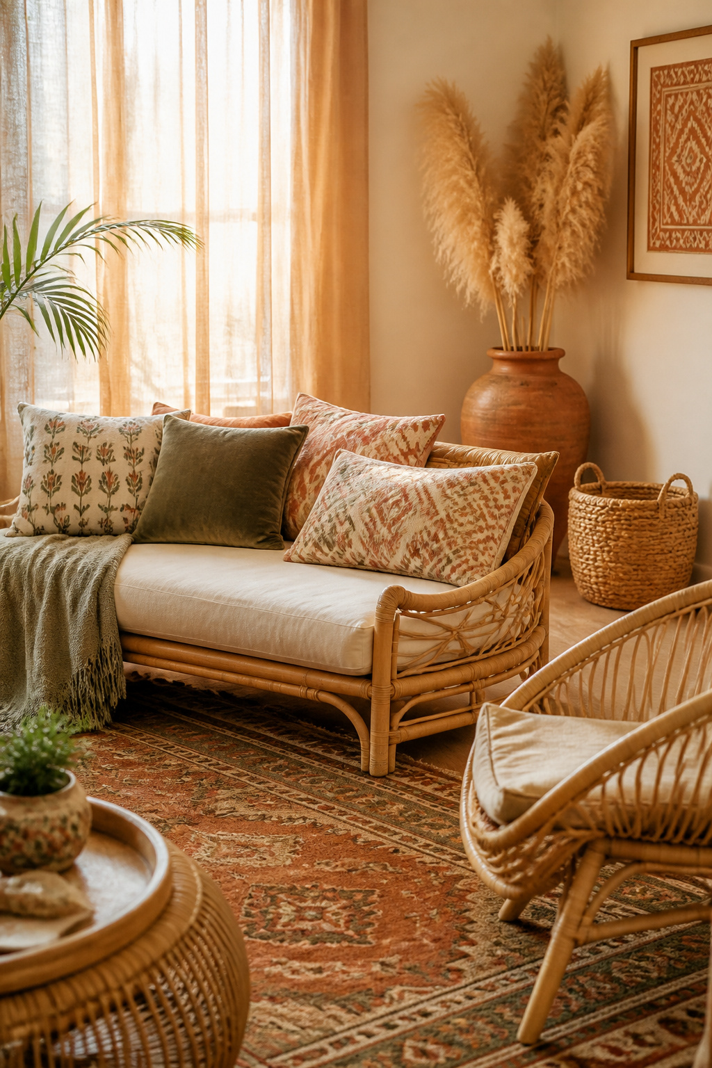Low-slung rattan seating with layered cushions creates the relaxed, grounded visual centre of this boho living room.