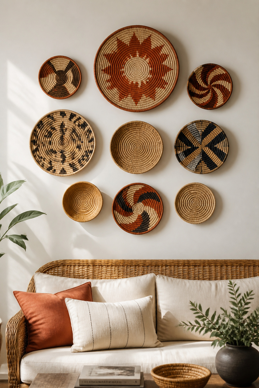 Nine woven baskets from Ghanaian, Zimbabwean, and seagrass traditions clustered above a rattan sofa create a three-dimensional wall sculpture that no framed print can match.