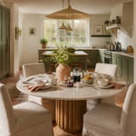A round marble pedestal table set for Sunday breakfast in a sage-green kitchen demonstrates how the right dining table transforms the entire room.