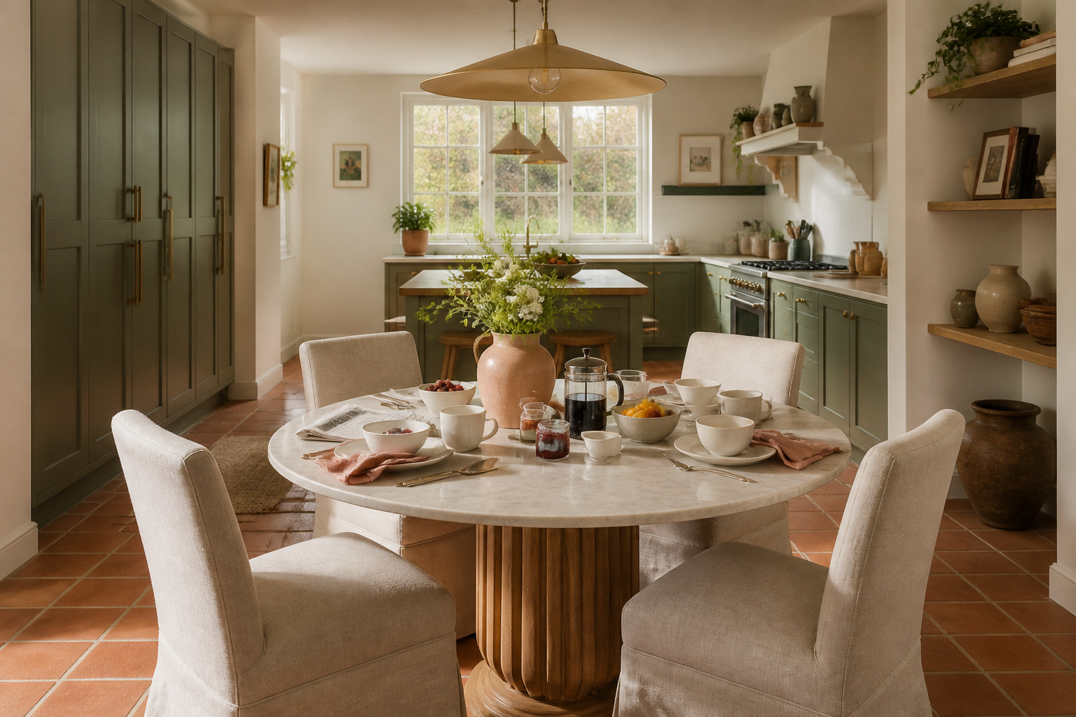 A round marble pedestal table set for Sunday breakfast in a sage-green kitchen demonstrates how the right dining table transforms the entire room.