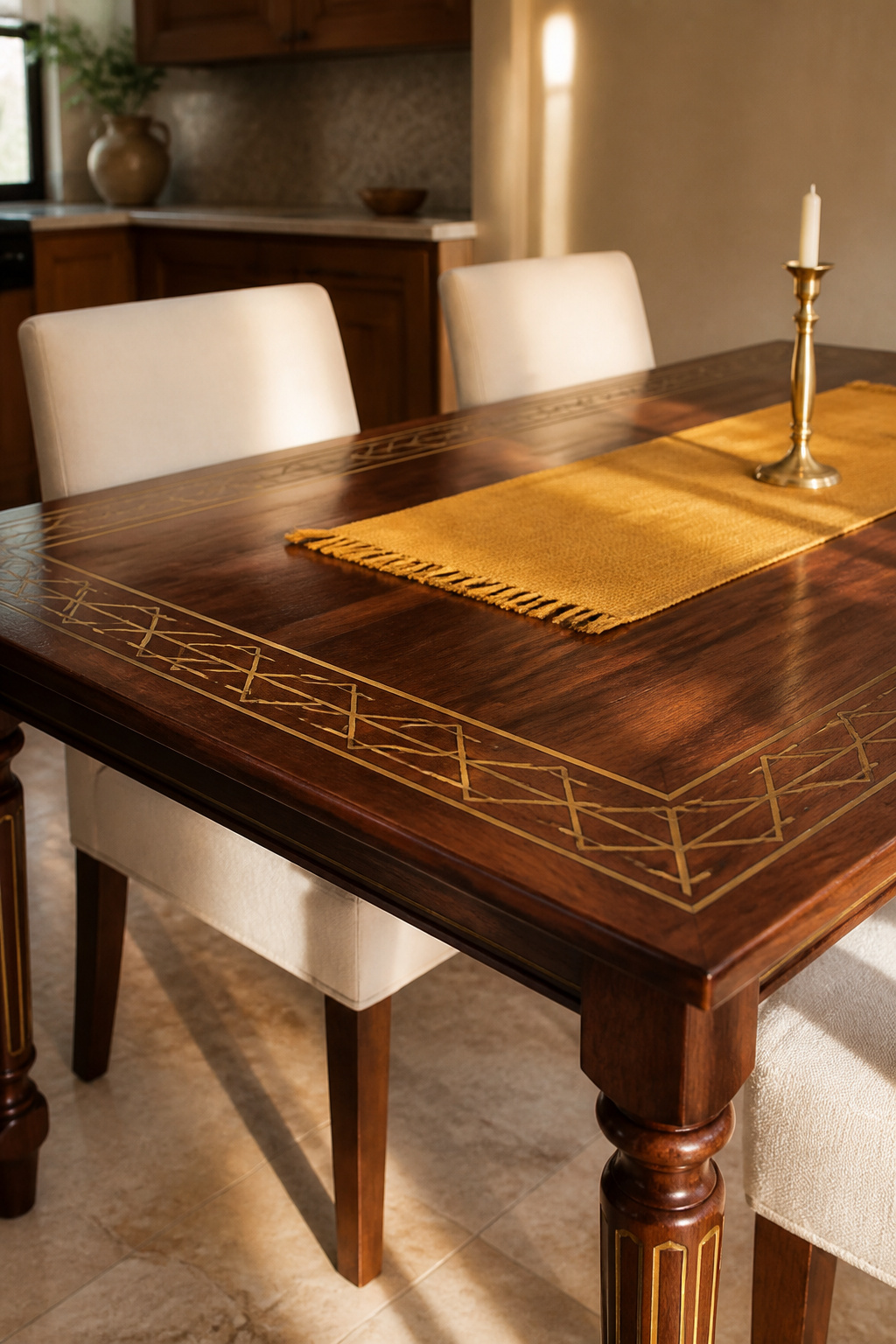 Tarkashi brass inlay on sheesham wood brings Jaipur's centuries-old craft tradition into a contemporary kitchen, the geometric pattern catching light from every angle.