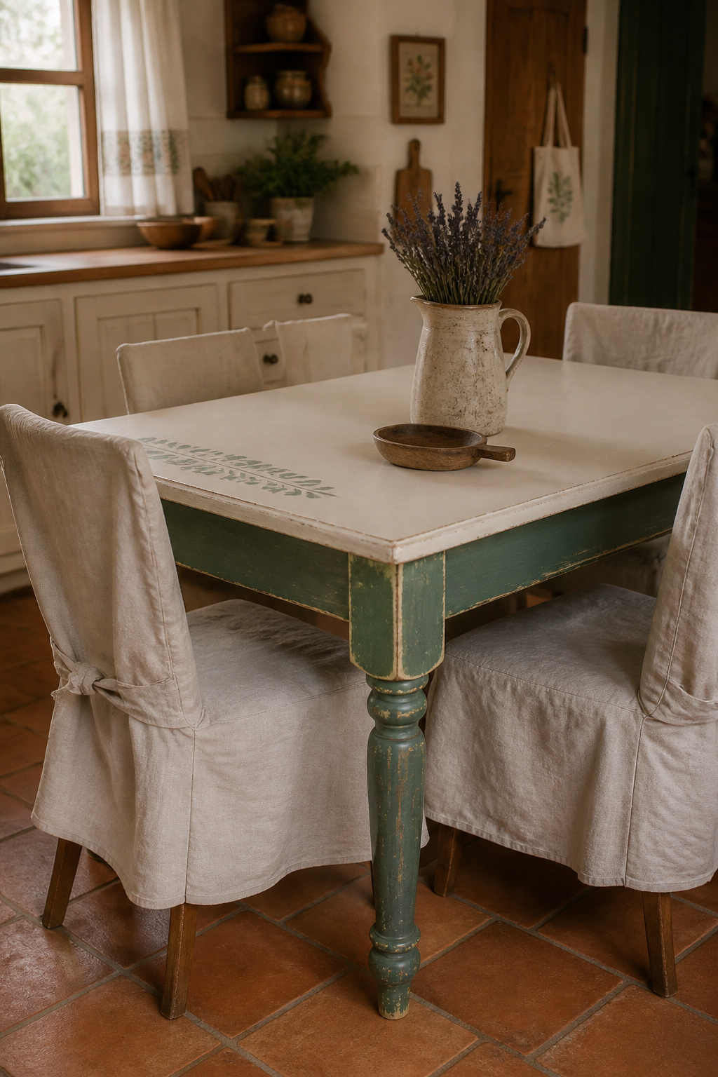 An off-white chalk-painted farmhouse table with green colour-blocked legs shows how a secondhand find and an afternoon's work produce something genuinely designed.