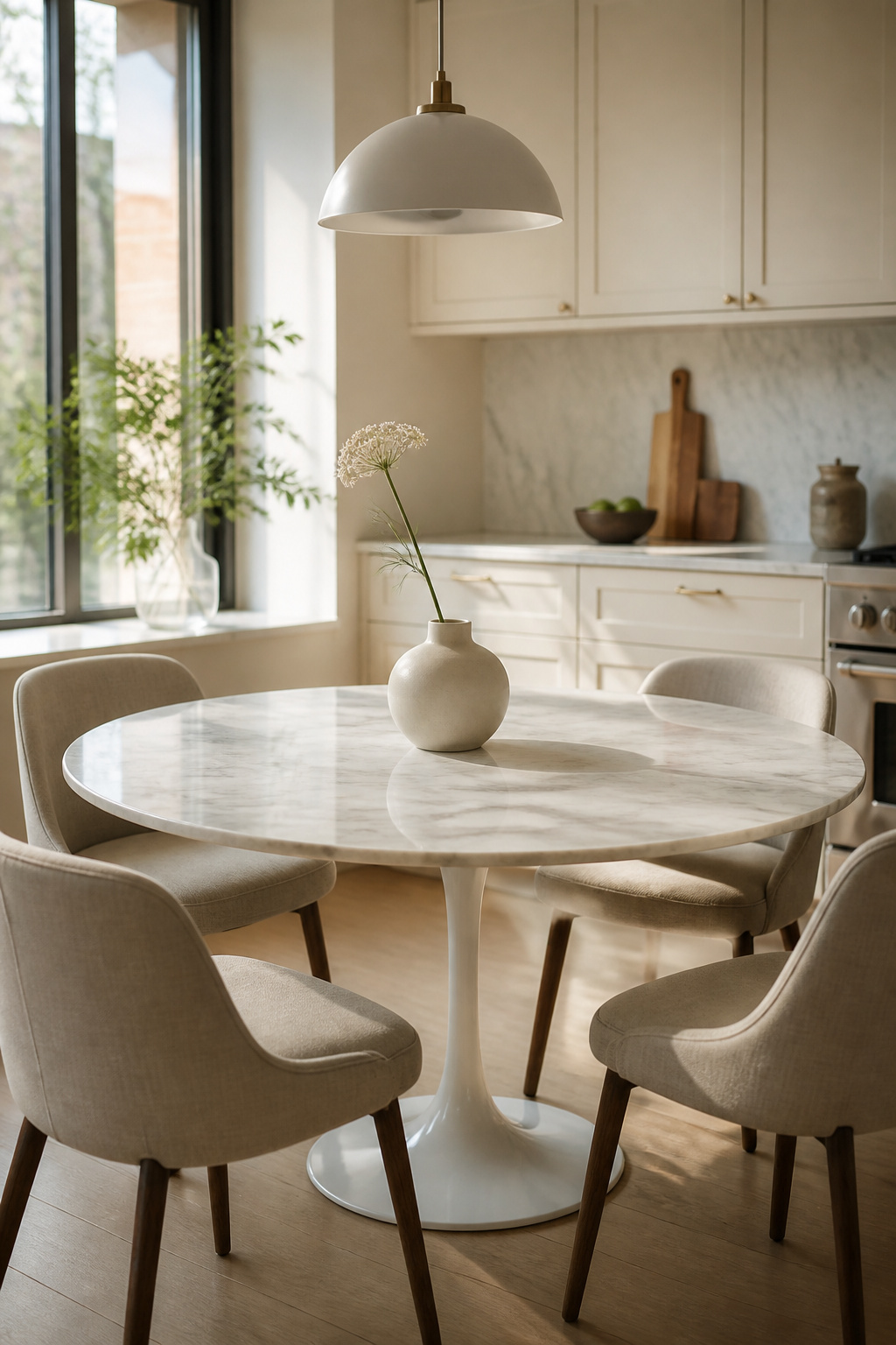 A white Carrara marble pedestal table anchors this light-filled kitchen with effortless elegance, its tulip base keeping the floor open and airy.