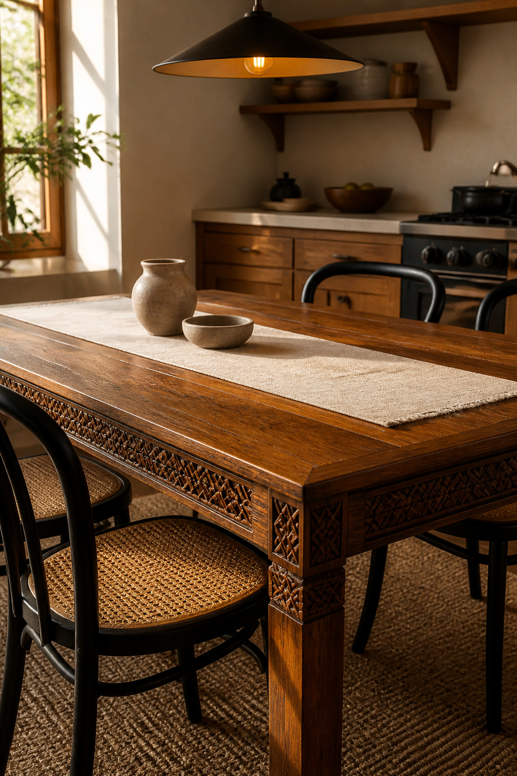 Hand-carved sheesham wood brings centuries of Rajasthani craftsmanship into a contemporary kitchen setting, each geometric motif cut by hand.