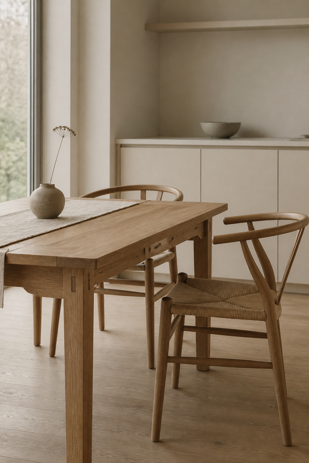 A Japandi ash dining table in matte oil finish with visible joinery embodies the philosophy of furniture beautiful because it works perfectly.