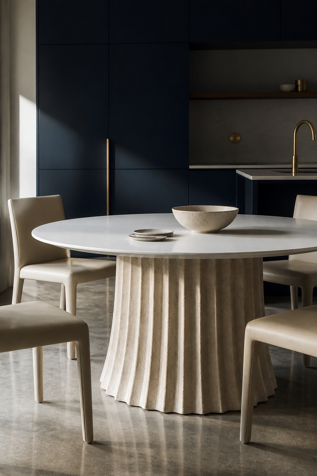 A fluted limestone pedestal base turns a plain kitchen table into functional sculpture — the restraint of a simple stone top makes the base the undisputed star.