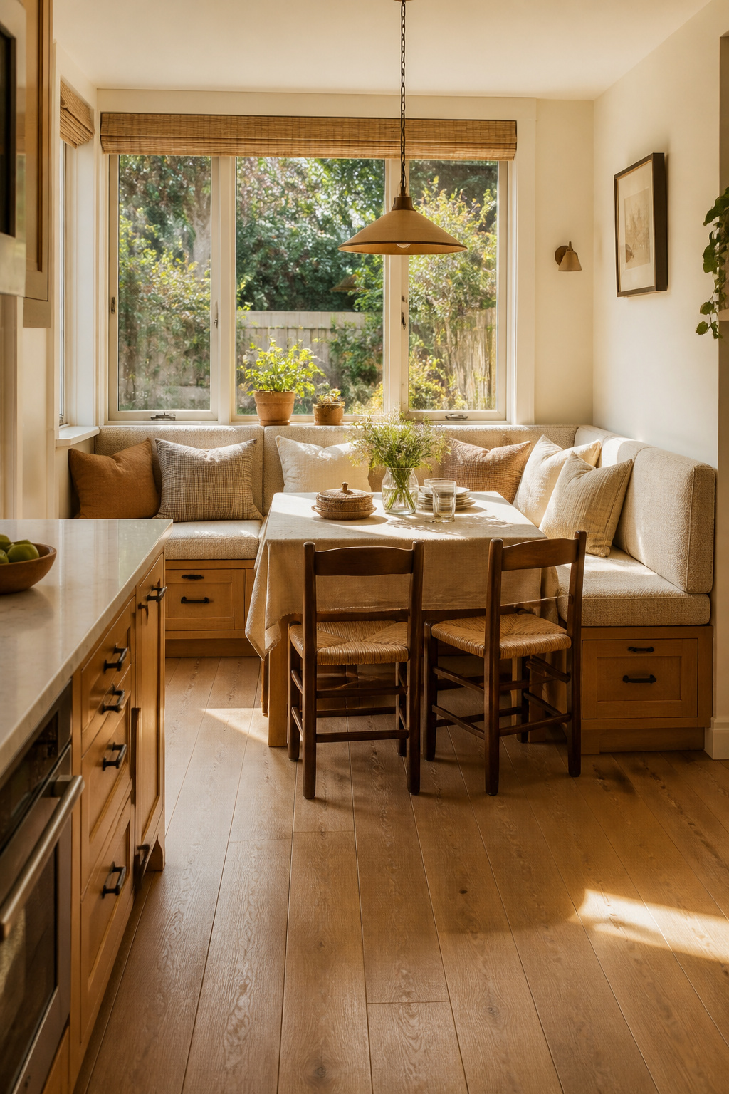 A corner banquette with under-seat storage uses an awkward kitchen corner to create the most convivial seating arrangement in the house.